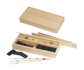 Mikado en dominospel in een houten box